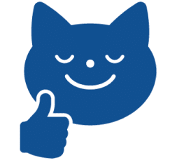 blue icon of a smiling cat face with a thumbs up