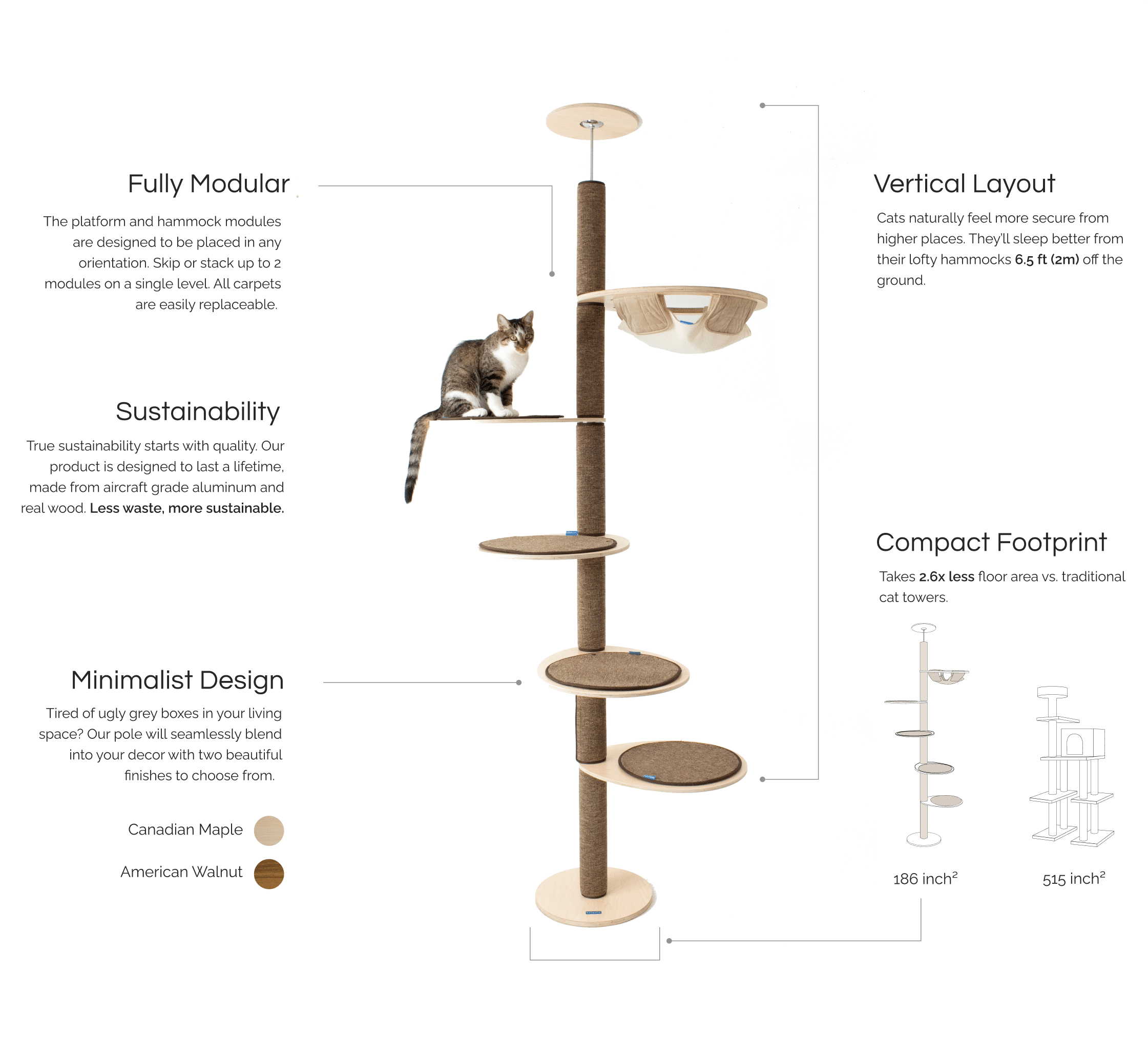 Diagram of a cat tree with ceiling stabilizer, made of steel, aluminum, and wood. Features drill-free installation, climbing platforms, and supports cats of all sizes.