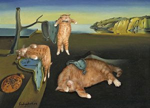 Salvador Dali clocks painting but with melting orange tabby cats