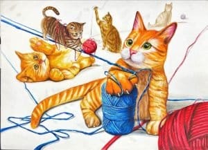 Playful group of orange and tabby kittens tangled in blue and red yarn, interacting with balls of yarn in a whimsical illustration for cat enthusiasts.