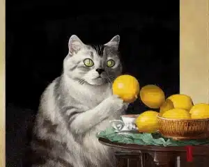 realist painting of a silver cat with green eyes holding a lemon next to a bowl of lemons