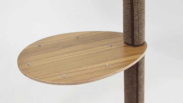 GIF showing detachable scratch carpets being placed on Walnut wood platform of cat tree