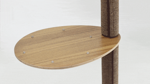 GIF showing detachable scratch carpets being placed on Walnut wood platform of cat tree