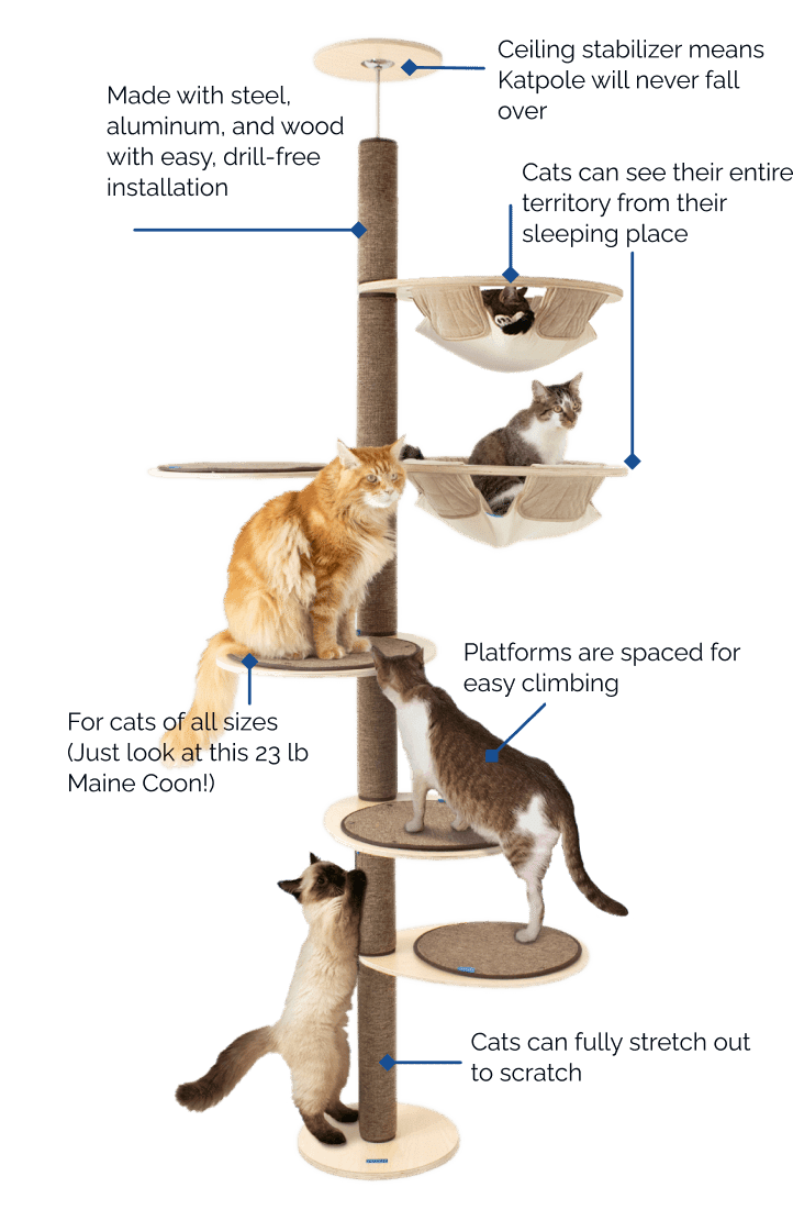 Diagram of a cat tree with ceiling stabilizer, made of steel, aluminum, and wood. Features drill-free installation, climbing platforms, and supports cats of all sizes.