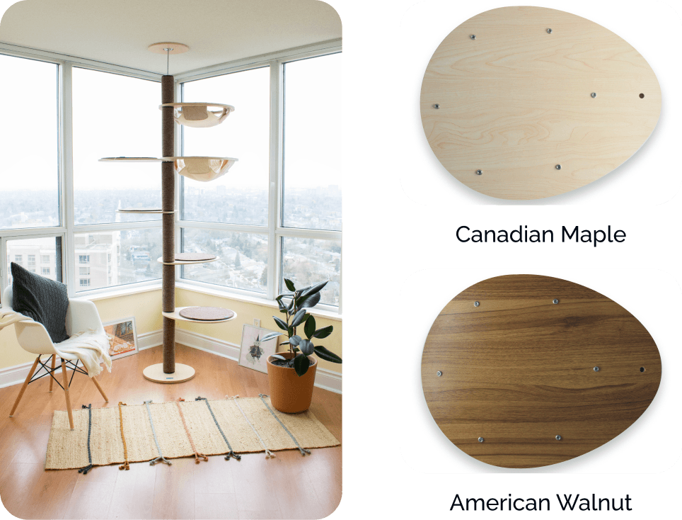 katpole modern cat tree with two wood finishes to choose from, Canadian maple or American walnut