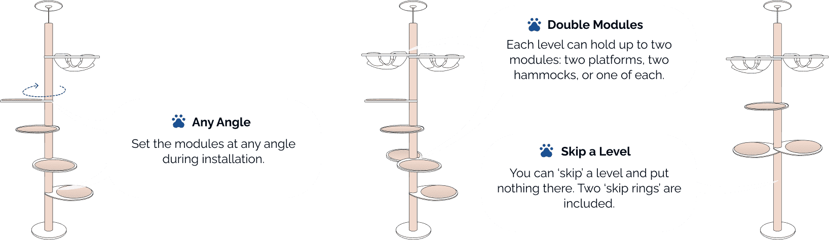modular customizable cat tree: you can set platforms and hammocks at any angle (360 degrees), place two on the same level, or skip a level
