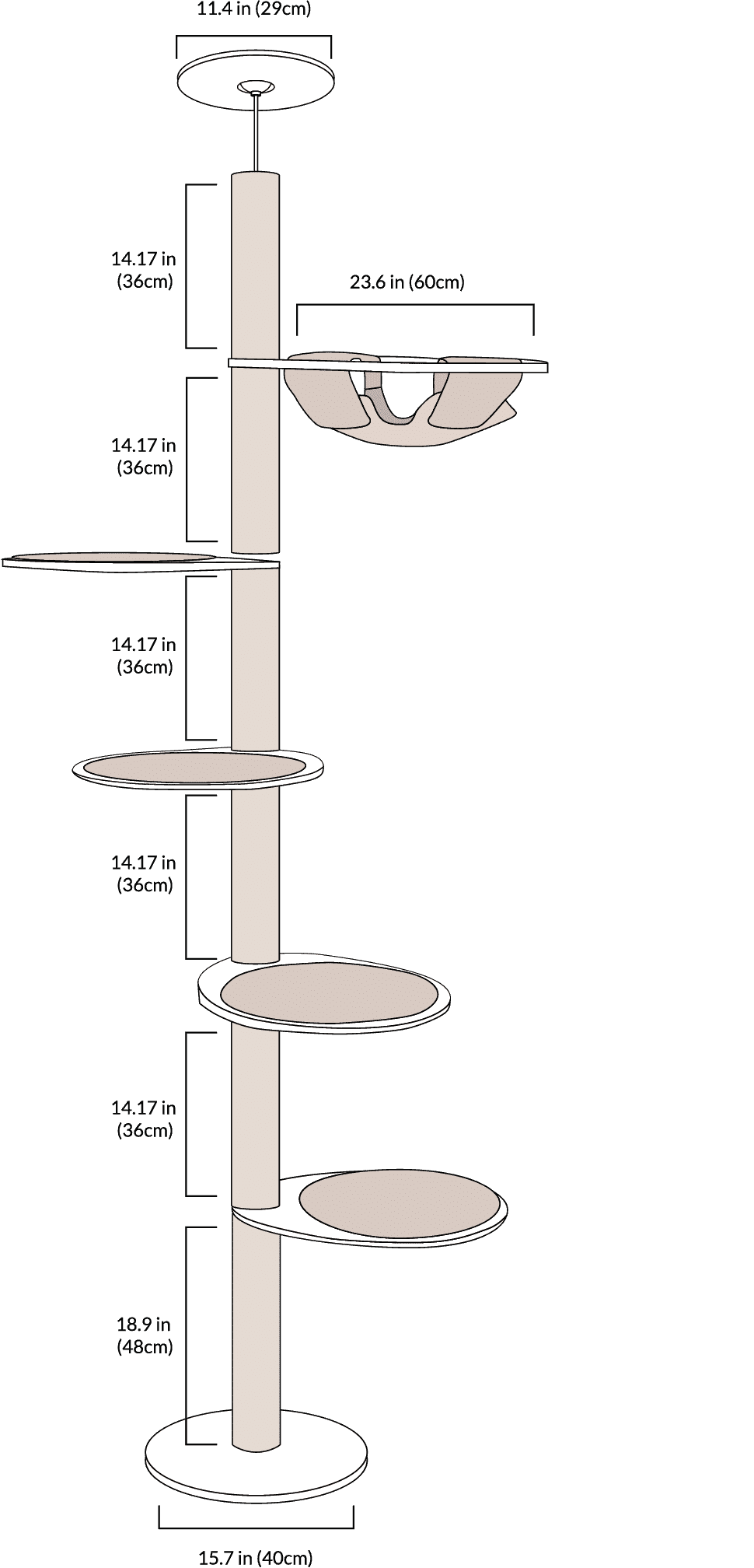 Katpole cat tree detailed measurements diagram.