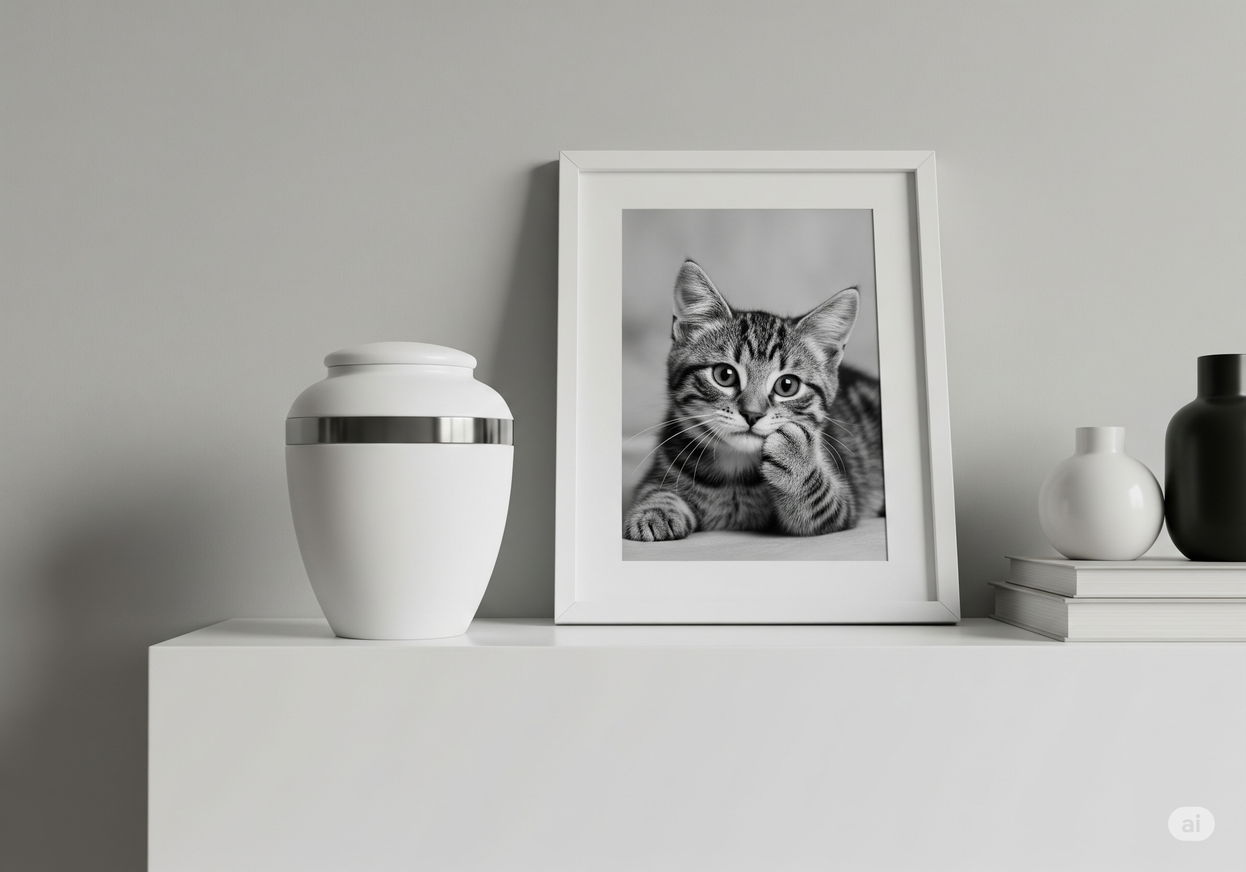a cremated cat's ashes on the mantleplace next to his portrait